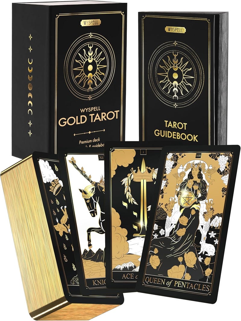 Wyspell Gold Tarot Cards with Guide Book - 78-Card Unique Tarot Deck for Beginners - Gilded Edges & Gold Foil Design - Classic Traditional Tarot Deck - Image 1